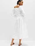 Linen Rich Shirred Tie Detail Maxi Skirt