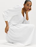 Linen Rich Shirred Tie Detail Maxi Skirt