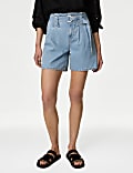 Denim Pleat Front Belted Shorts