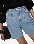 Denim Pleat Front Belted Shorts