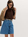 Denim Pleat Front Wide Shorts