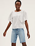 Denim High Waisted Long Bermuda Shorts
