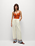 Linen Rich Printed Wide Leg Trousers