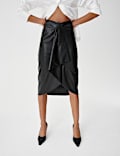 Faux Leather Midi Wrap Skirt