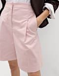 Cotton Rich High Waisted Pleat Front Bermuda Shorts