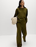 Cotton Blend Cosy Rib Pintuck Wide Leg Trousers