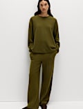 Cotton Blend Cosy Rib Pintuck Wide Leg Trousers