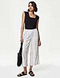 Linen Rich Striped Cropped Wide Leg Trousers