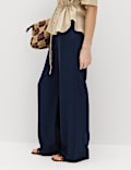Drawstring Wide Leg Trousers with Linen