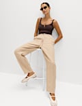 Pure Linen Pleat Front Belted Tapered Trousers