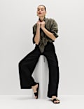 Linen Rich Drawstring Wide Leg Trousers