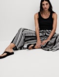Twill Printed High Waisted Wide Leg Trousers