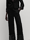 Sequin Paneled Straight Ankle Grazer Trousers 