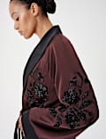 Embellished Shawl Collar Satin  Kimono Jacket