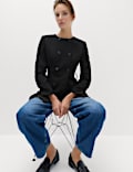 Double Breasted Collarless Longline Blazer