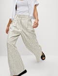 Pantalon coupe large à pinces en lin mélangé à rayures