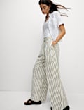 Linen Blend Striped Pleated Wide Leg Trousers