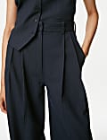 Pinstripe Pleat Front Wide Leg Trousers