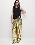 Sequin Pleat Front Wide Leg Trousers