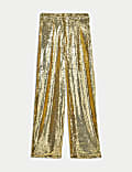 Sequin Pleat Front Wide Leg Trousers