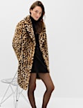 Faux Fur Leopard Print Single Breasted Longline Coat