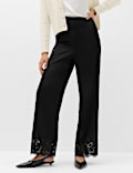 Satin Lace Hem Straight Leg Trousers