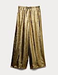 Satin Metallic Drawstring Wide Leg Trousers