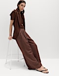 Pantalon palazzo pratique pliss&eacute; avec lin