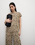 Animal Print Plisse Wide Leg Trousers