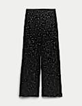 Lace Diamante Wide Leg Trousers with Stretch