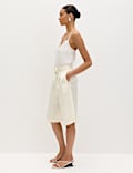 Linen Blend High Waisted Belted Bermuda Shorts