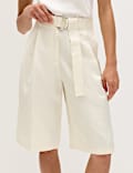 Linen Blend High Waisted Belted Bermuda Shorts