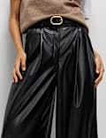 Faux Leather Double Pleat Wide Leg Trousers