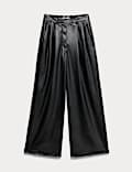 Faux Leather Double Pleat Wide Leg Trousers