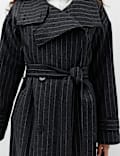 Pinstriped Funnel Neck Belted Asymmetric Trench Coat With Wool