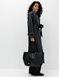 Pinstriped Funnel Neck Belted Asymmetric Trench Coat With Wool
