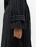 Pinstriped Funnel Neck Belted Asymmetric Trench Coat With Wool