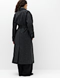 Pinstriped Funnel Neck Belted Asymmetric Trench Coat With Wool