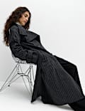Pinstriped Funnel Neck Belted Asymmetric Trench Coat With Wool