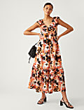 Robe midaxi à col V, motif fleuri et volants