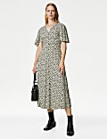 Printed V-Neck Midi Tea Dress