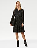 Foil Printed V-Neck Knee Length Tiered Dress