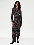 Jersey Printed Round Neck Mesh Midi Column Dress