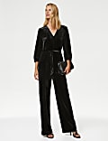 Velvet V-Neck Belted 3/4 Sleeve Jumpsuit