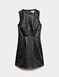 Faux Leather Embossed Crew Neck Mini Smock Dress