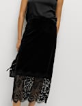 Velvet Lace Detail Midi Pencil Skirt