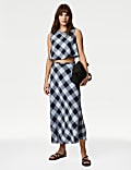 Linen Rich Checked Maxi A-Line Skirt