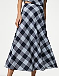 Linen Rich Checked Maxi A-Line Skirt