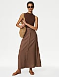 Linen Blend Button Front Midaxi Column Skirt