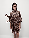 Animal Print Tie Neck Mini Shift Dress